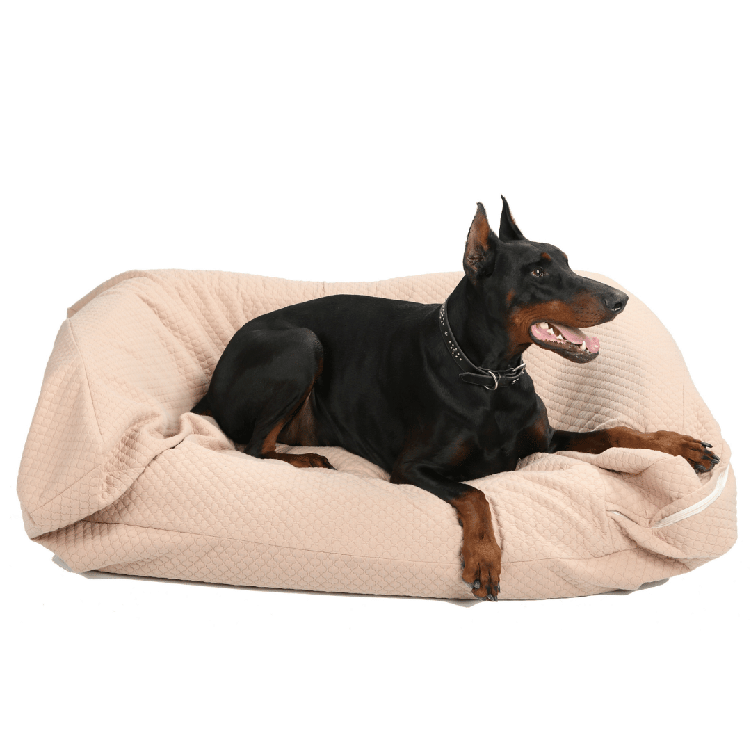 4Knines Waterproof Dog Bed Slip Cover on bed with dog Tan