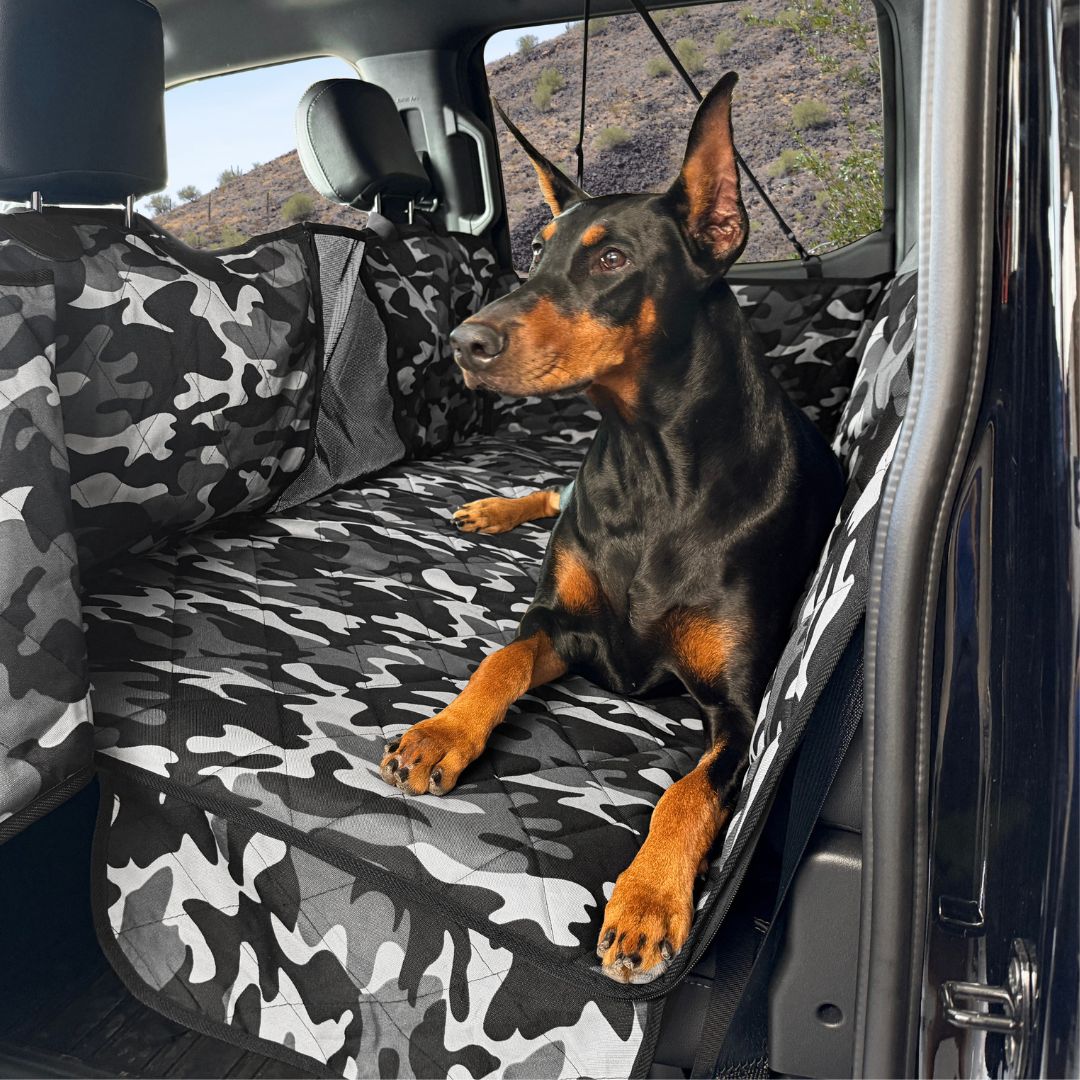 4Knines Hard Bottom Extender Car Seat Cover for Dogs Camo with dog