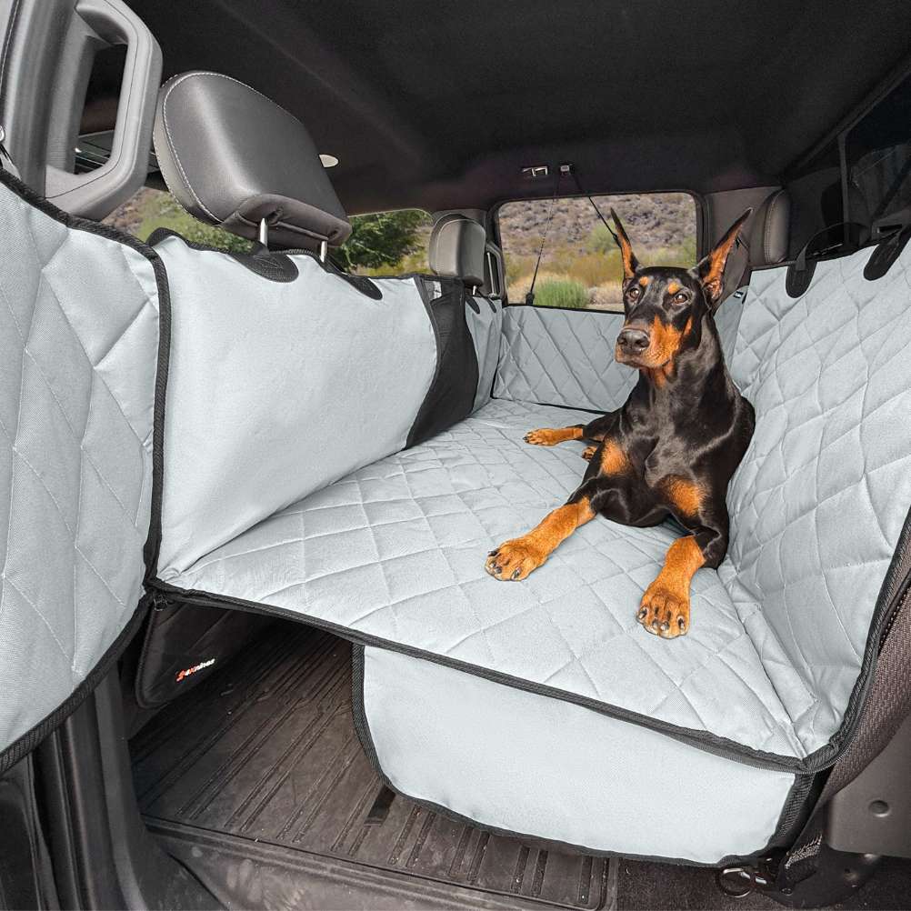 4Knines Hard Bottom Extender Car Seat Cover for Dogs XL grey with dog