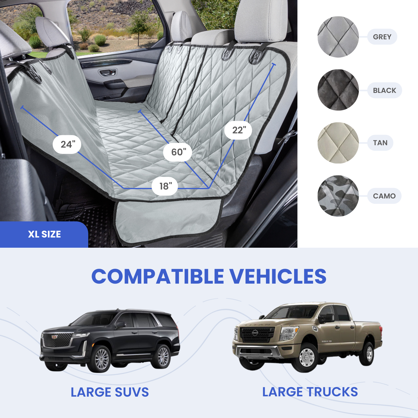 Rear Seat Cover for Fold Down Seats with Hammock - XL size measurements vehicle compatibility